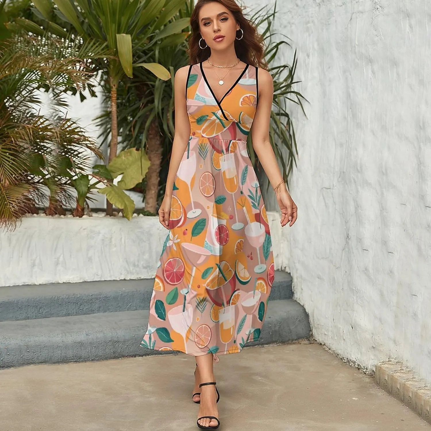 Maxi Dresses for Women Summer Sleeveless Dress Various Cocktails Fruits Casual V Neck Sundress
