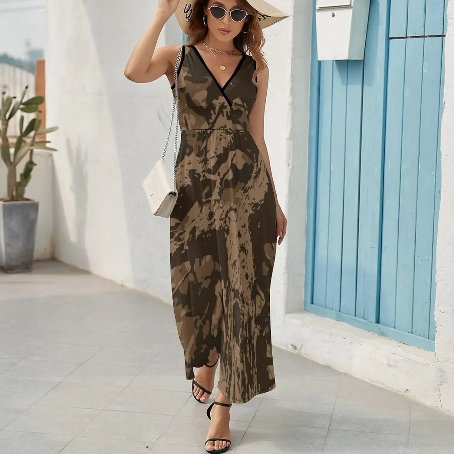Maxi Dresses for Women Summer Sleeveless Dress Vector Oak Camouflage Casual V Neck Sundress
