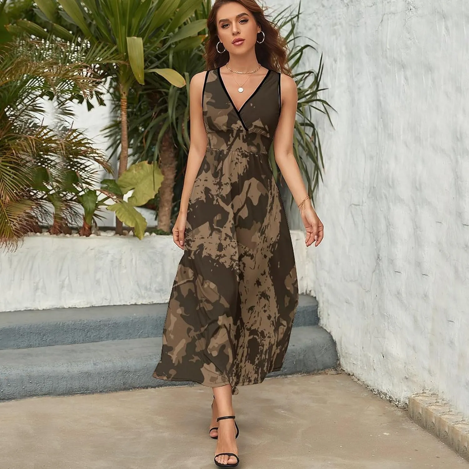 Maxi Dresses for Women Summer Sleeveless Dress Vector Oak Camouflage Casual V Neck Sundress