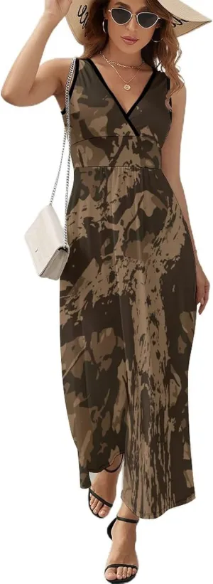 Maxi Dresses for Women Summer Sleeveless Dress Vector Oak Camouflage Casual V Neck Sundress