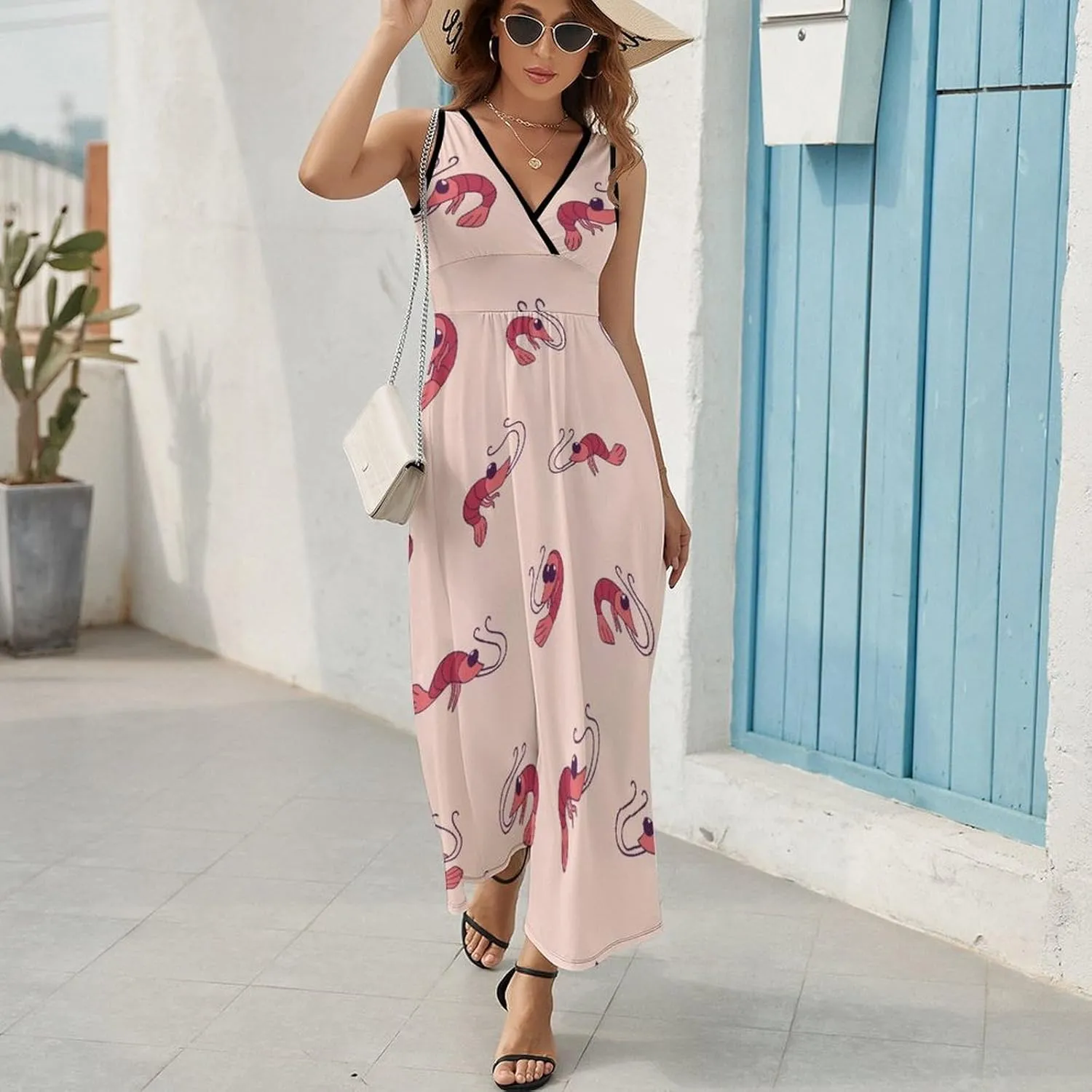 Maxi Dresses for Women Summer Sleeveless Dress Vector Shrimp Pattern Casual V Neck Sundress