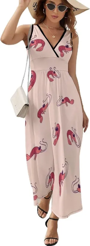 Maxi Dresses for Women Summer Sleeveless Dress Vector Shrimp Pattern Casual V Neck Sundress
