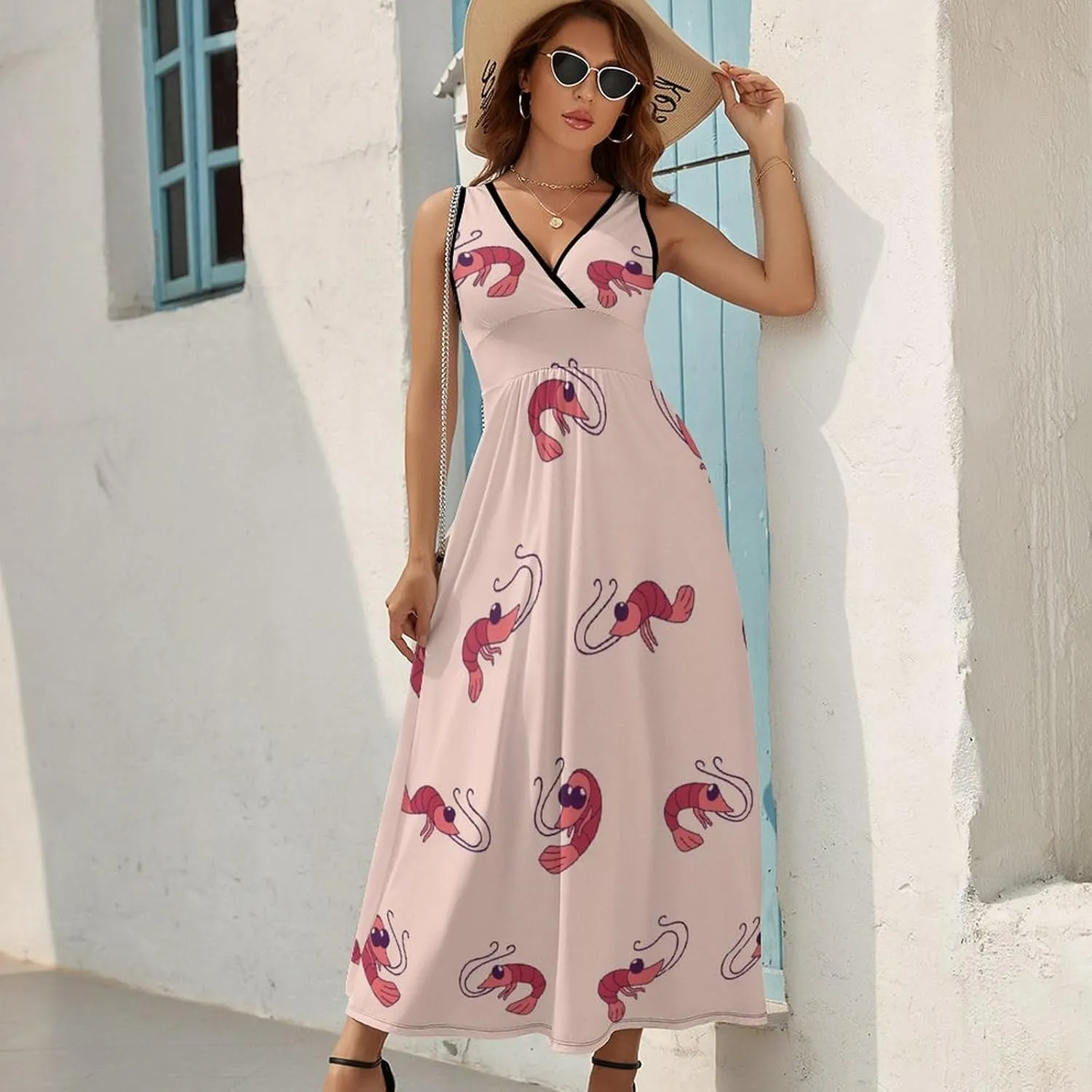 Maxi Dresses for Women Summer Sleeveless Dress Vector Shrimp Pattern Casual V Neck Sundress