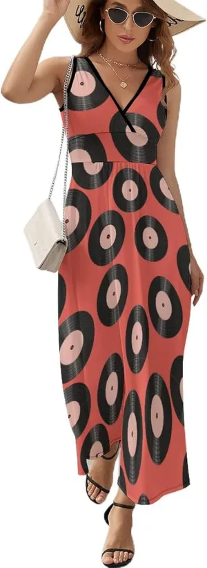Maxi Dresses for Women Summer Sleeveless Dress Vinyl Record Discs Music Casual V Neck Sundress