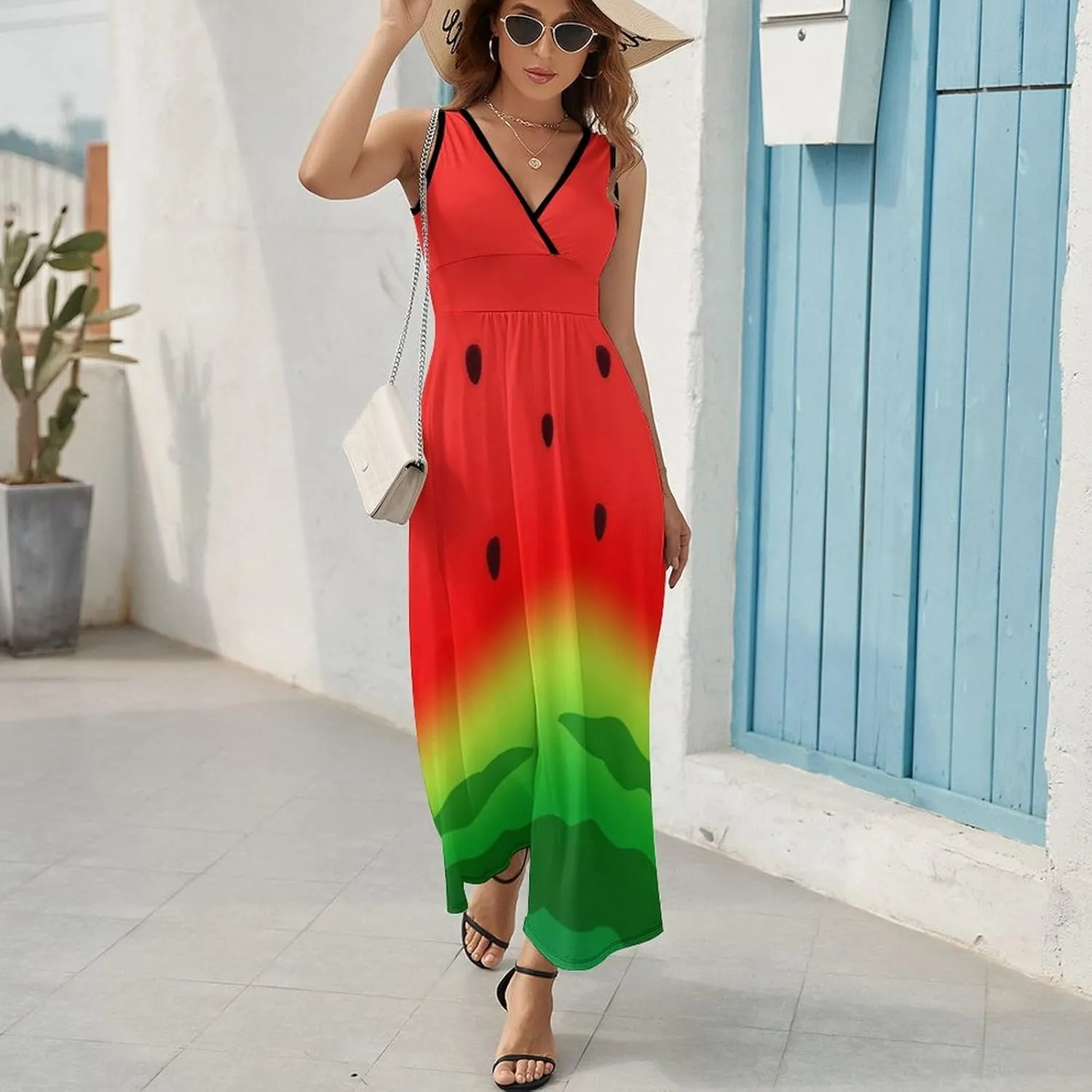Maxi Dresses for Women Summer Sleeveless Dress Watermelon Slice Seed Casual V Neck Sundress