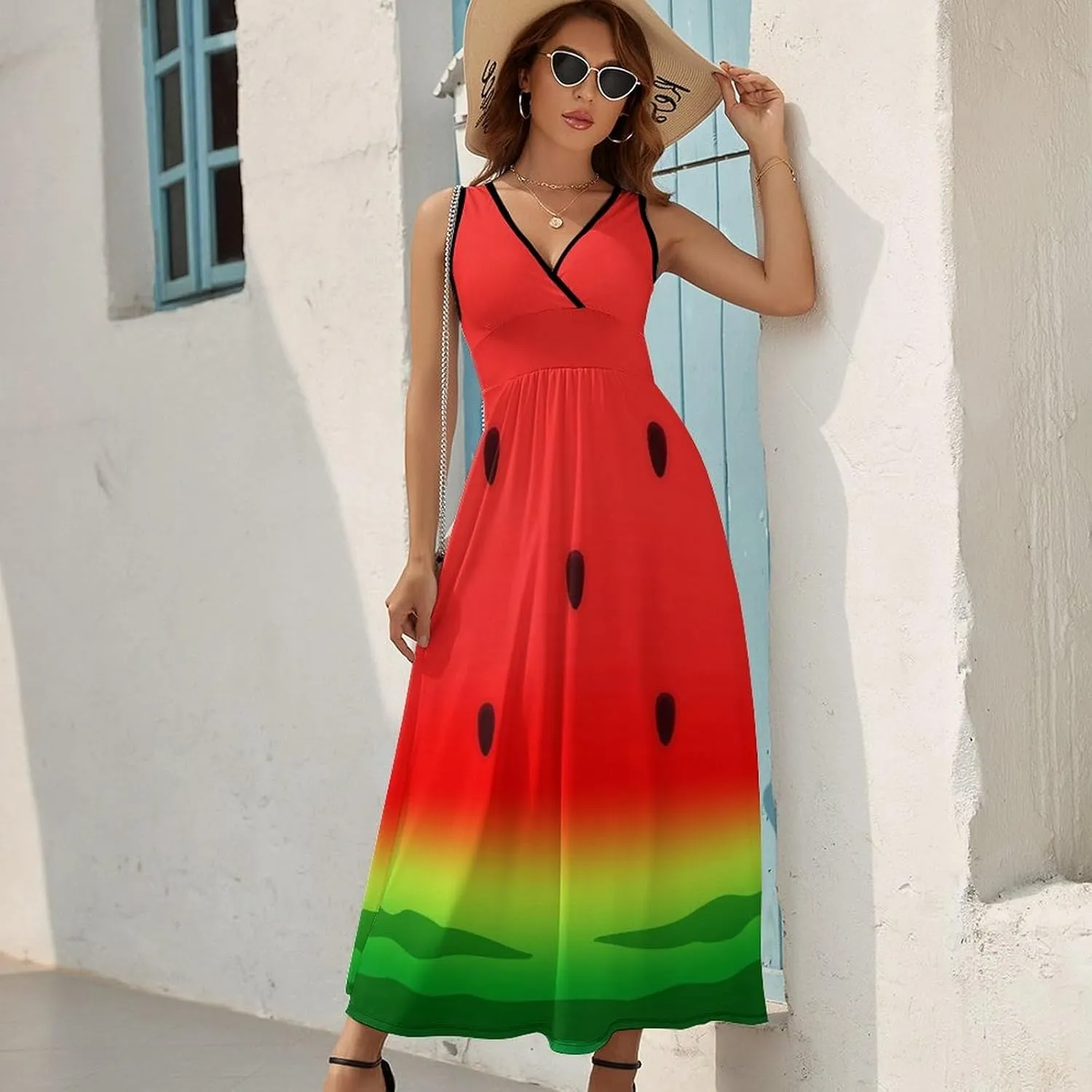 Maxi Dresses for Women Summer Sleeveless Dress Watermelon Slice Seed Casual V Neck Sundress