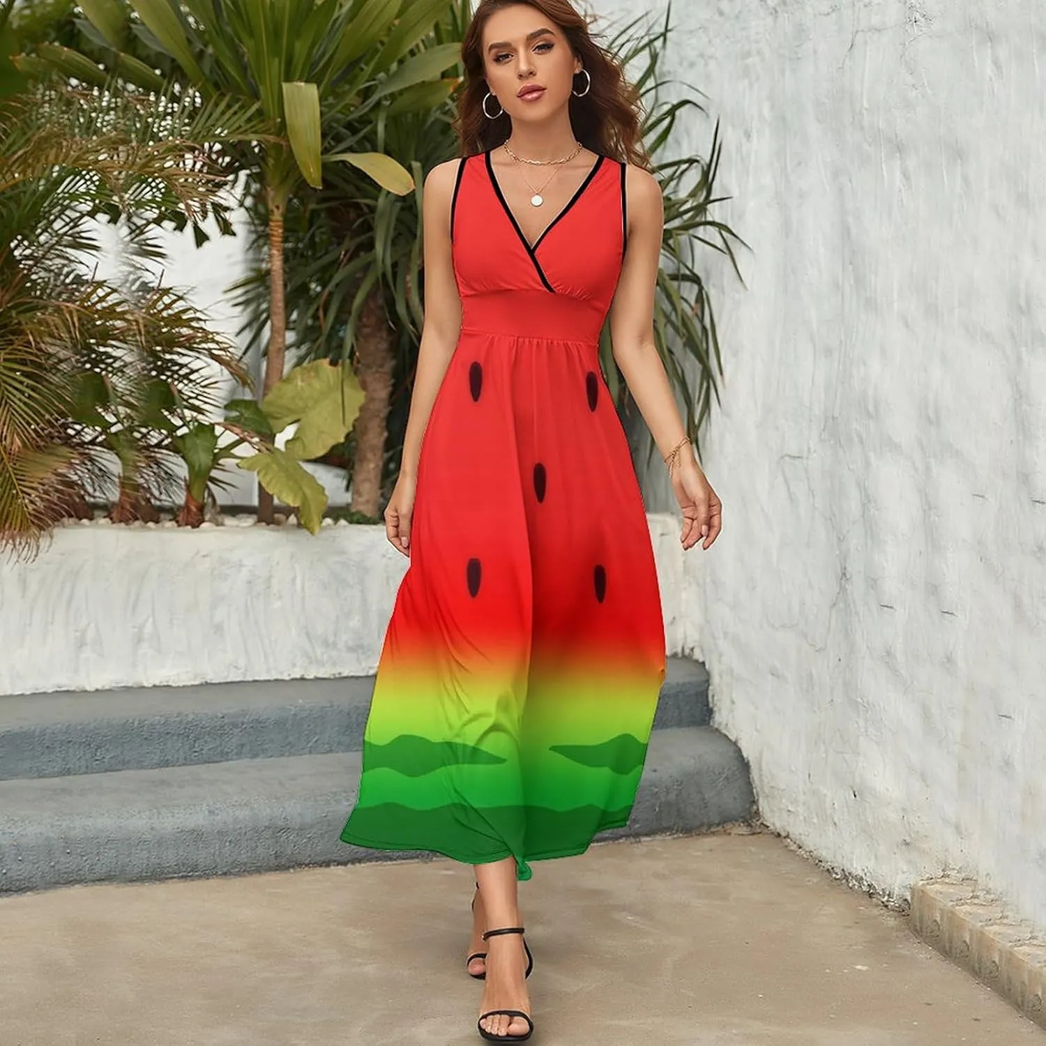 Maxi Dresses for Women Summer Sleeveless Dress Watermelon Slice Seed Casual V Neck Sundress