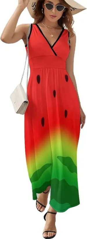 Maxi Dresses for Women Summer Sleeveless Dress Watermelon Slice Seed Casual V Neck Sundress