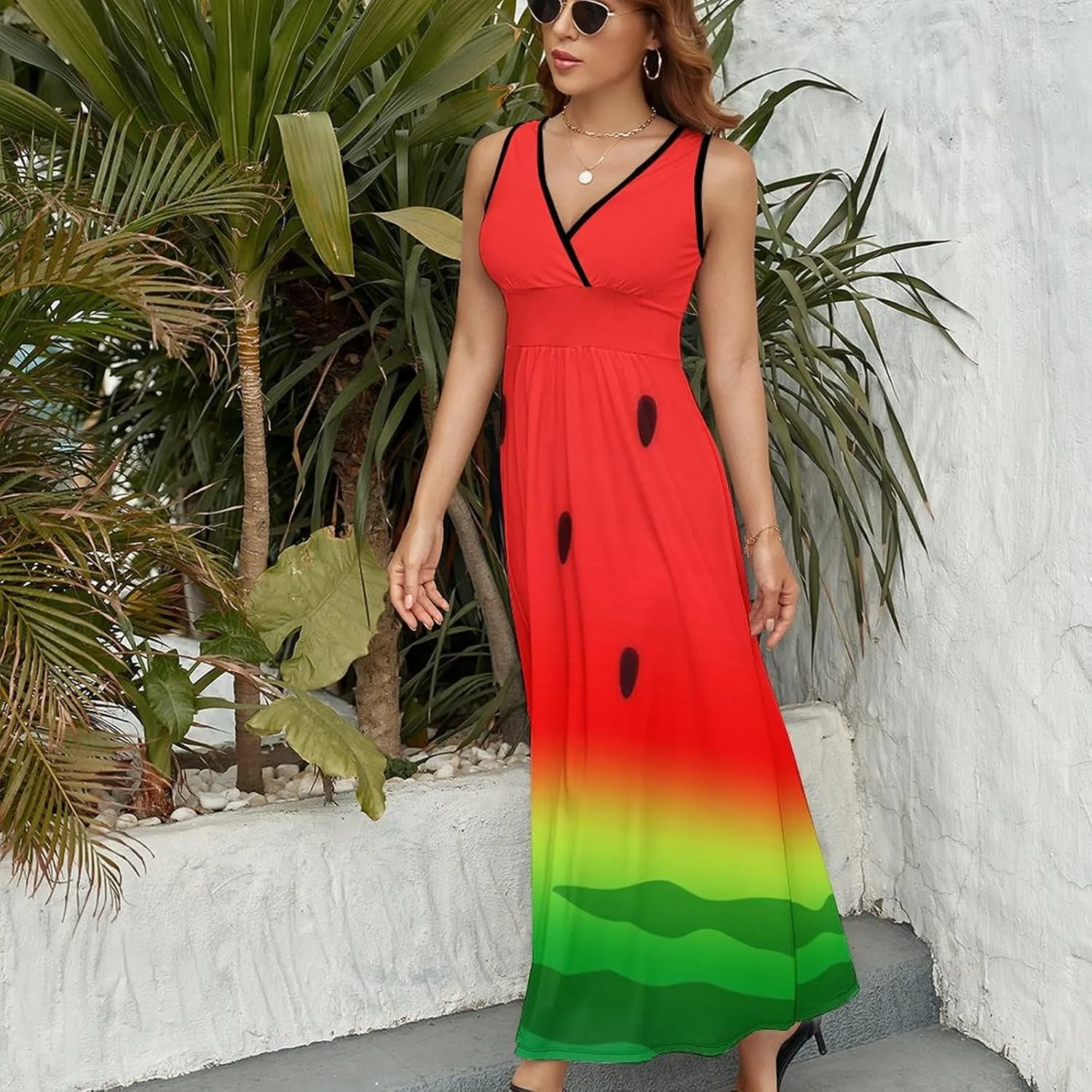 Maxi Dresses for Women Summer Sleeveless Dress Watermelon Slice Seed Casual V Neck Sundress