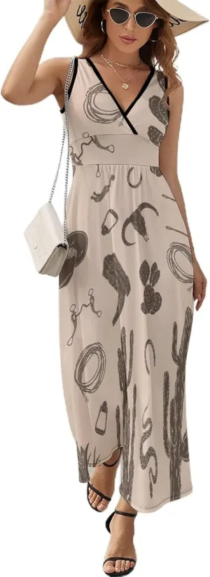 Maxi Dresses for Women Summer Sleeveless Dress Western Cactus Wheels Casual V Neck Sundress