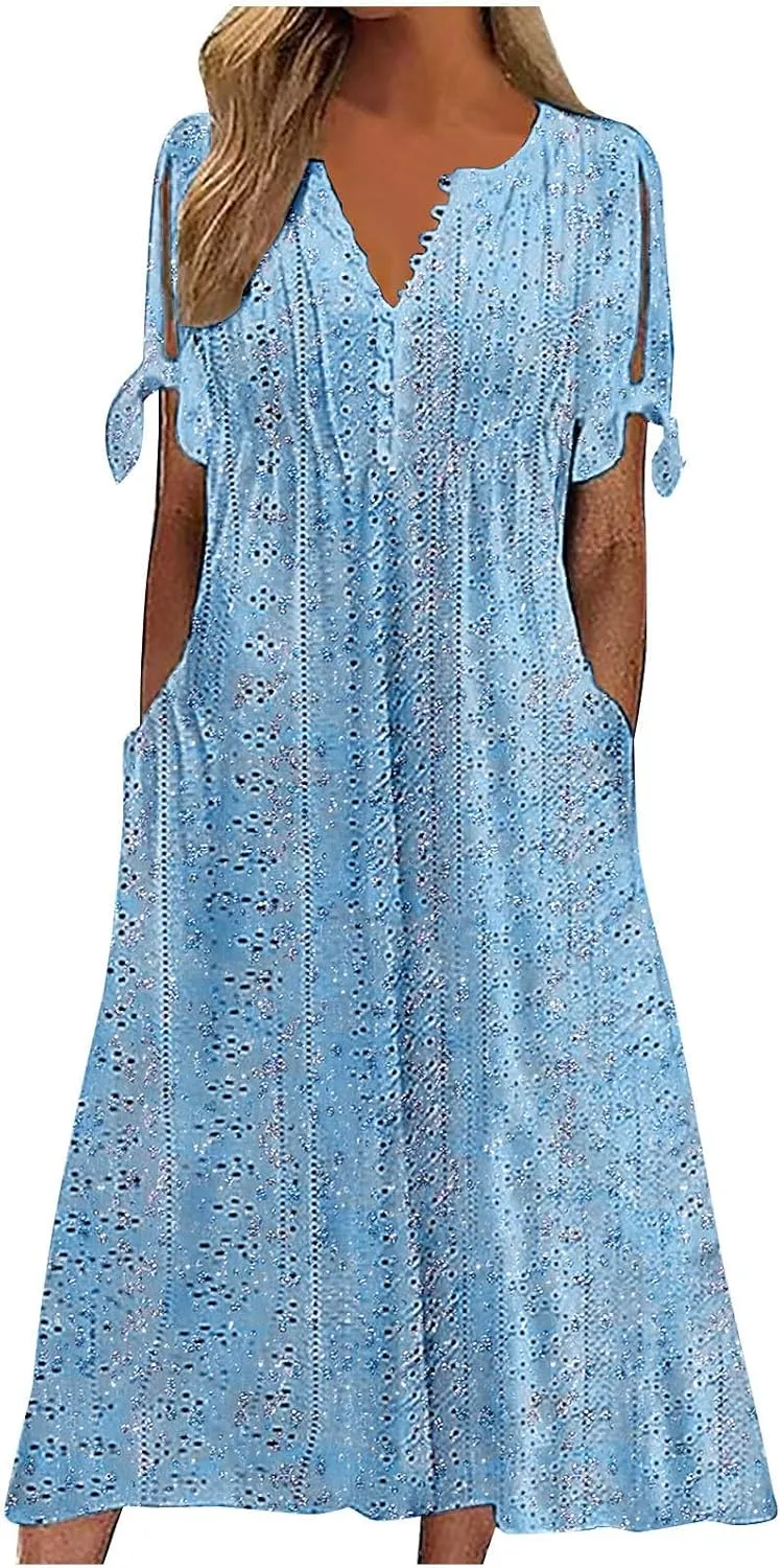 Maxi Long Dresses for Women 2025 Trendy Short Sleeve Eyelet Tshirt Dress Casual Summer Beach Vacation Sundress