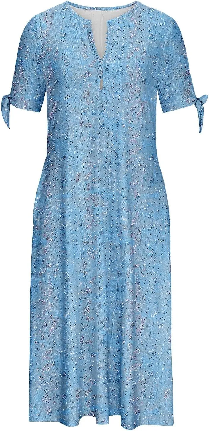 Maxi Long Dresses for Women 2025 Trendy Short Sleeve Eyelet Tshirt Dress Casual Summer Beach Vacation Sundress