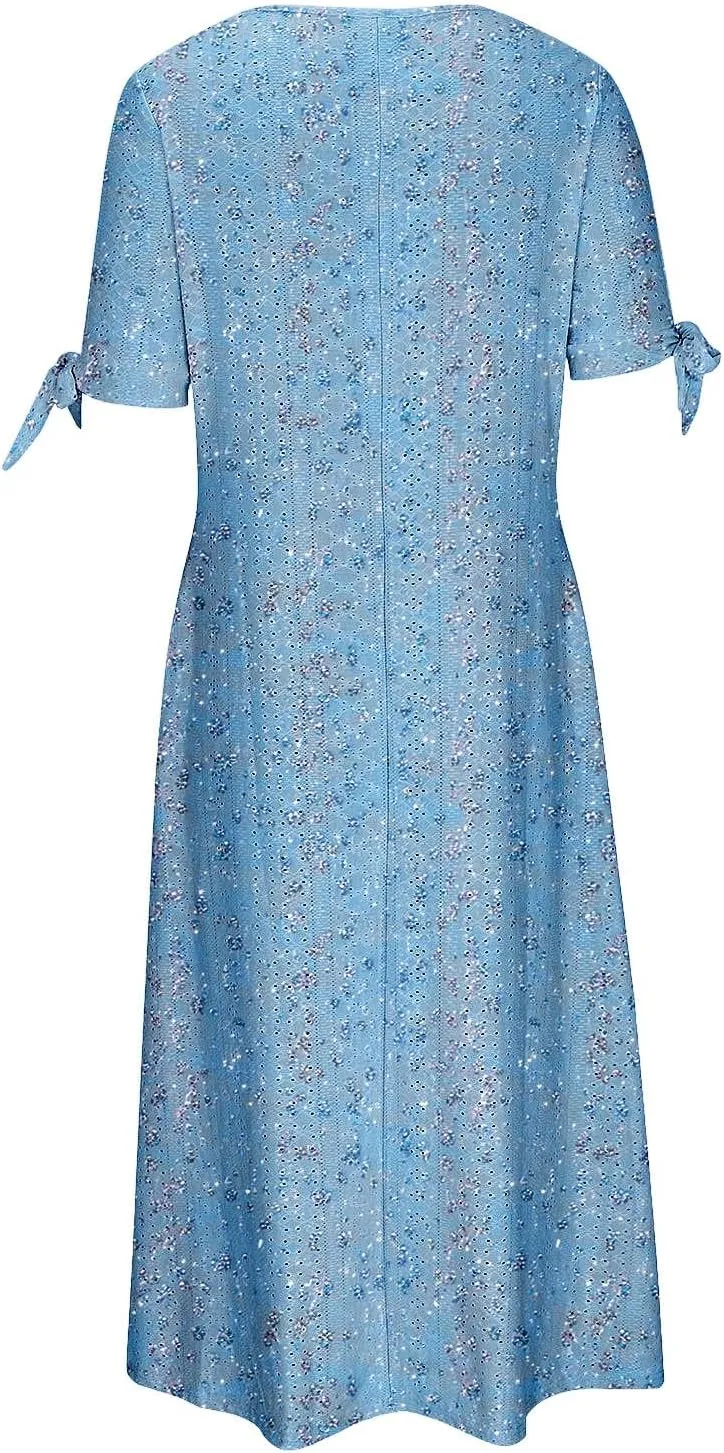 Maxi Long Dresses for Women 2025 Trendy Short Sleeve Eyelet Tshirt Dress Casual Summer Beach Vacation Sundress