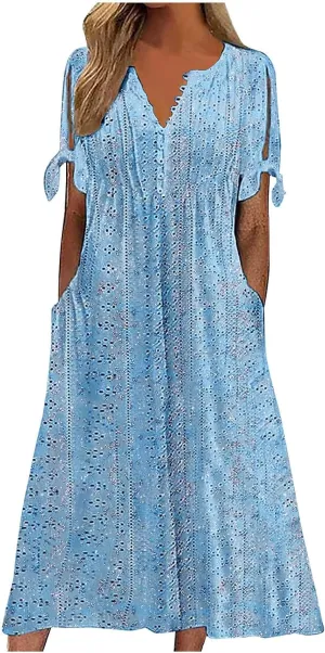 Maxi Long Dresses for Women 2025 Trendy Short Sleeve Eyelet Tshirt Dress Casual Summer Beach Vacation Sundress