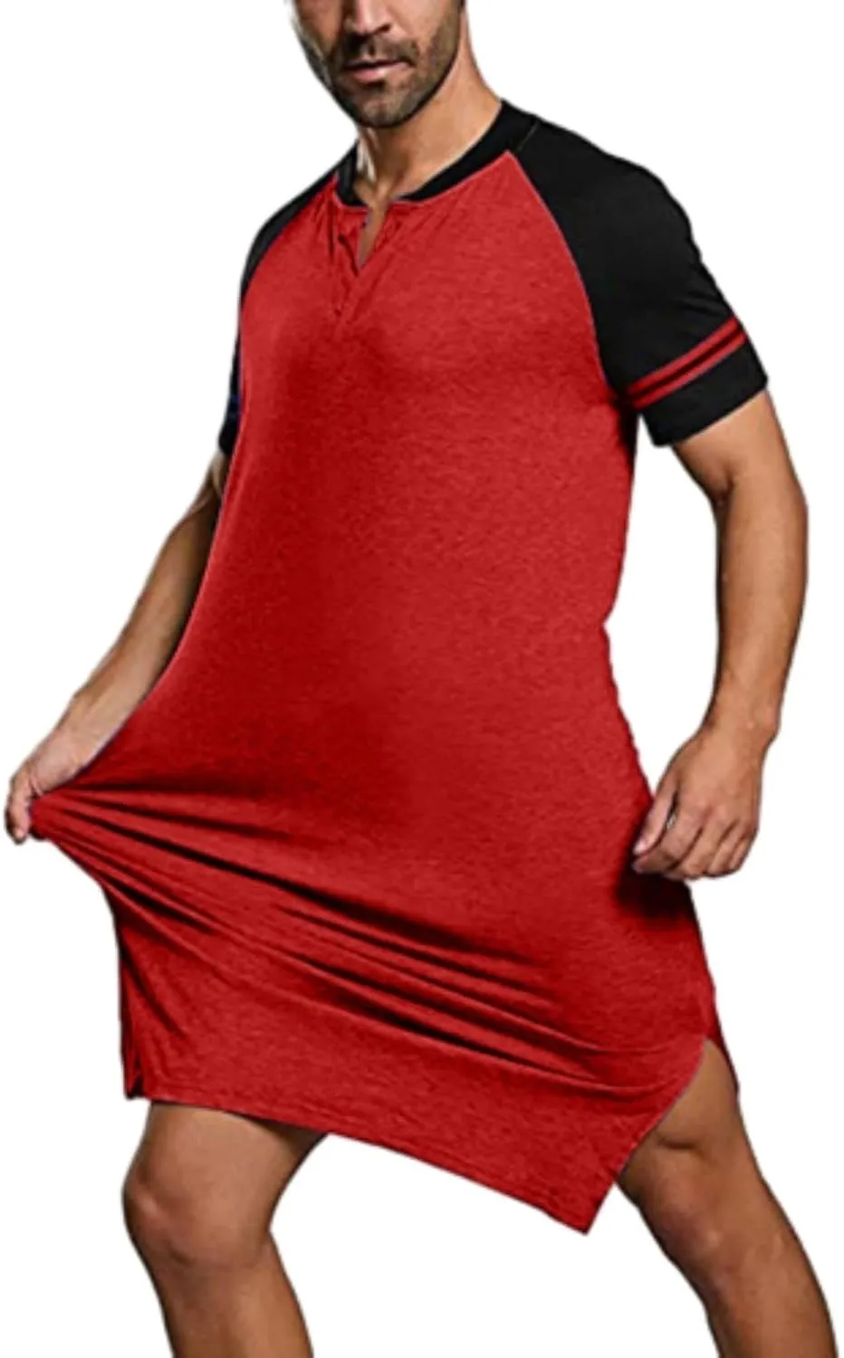 Men Henley Night Shirt for Sleeping Short Sleeve Pajamas Comfy Big and Tall Nightgown Loose Pullover Kaftan Sleepwear
