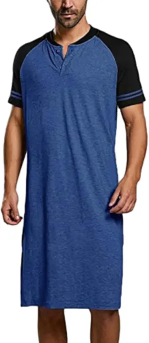 Men Henley Night Shirt for Sleeping Short Sleeve Pajamas Comfy Big and Tall Nightgown Loose Pullover Kaftan Sleepwear