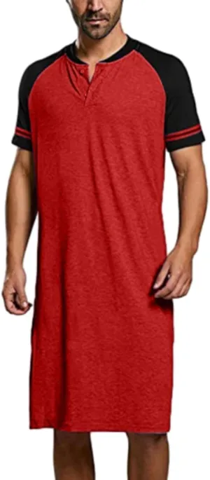 Men Henley Night Shirt for Sleeping Short Sleeve Pajamas Comfy Big and Tall Nightgown Loose Pullover Kaftan Sleepwear