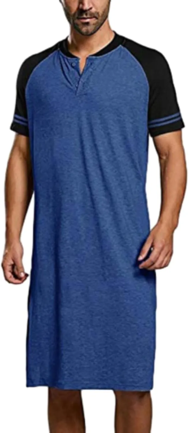 Men Henley Night Shirt for Sleeping Short Sleeve Pajamas Comfy Big and Tall Nightgown Loose Pullover Kaftan Sleepwear