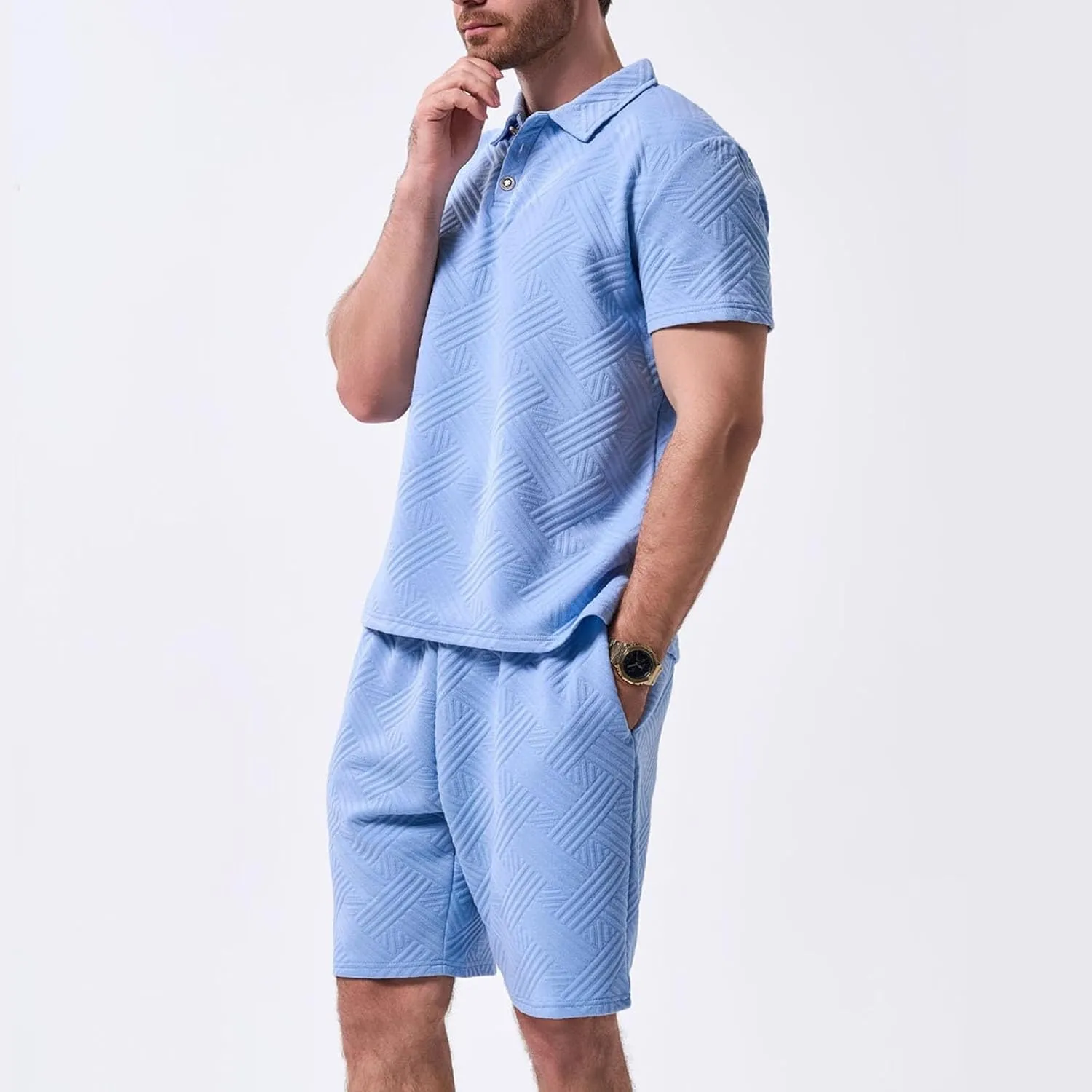 Men Summer Casual Short Sets Solid Color Short Sleeve Pocket Button Down Shirt Elastic Shorts 2 Piece Outfits Tracksuit