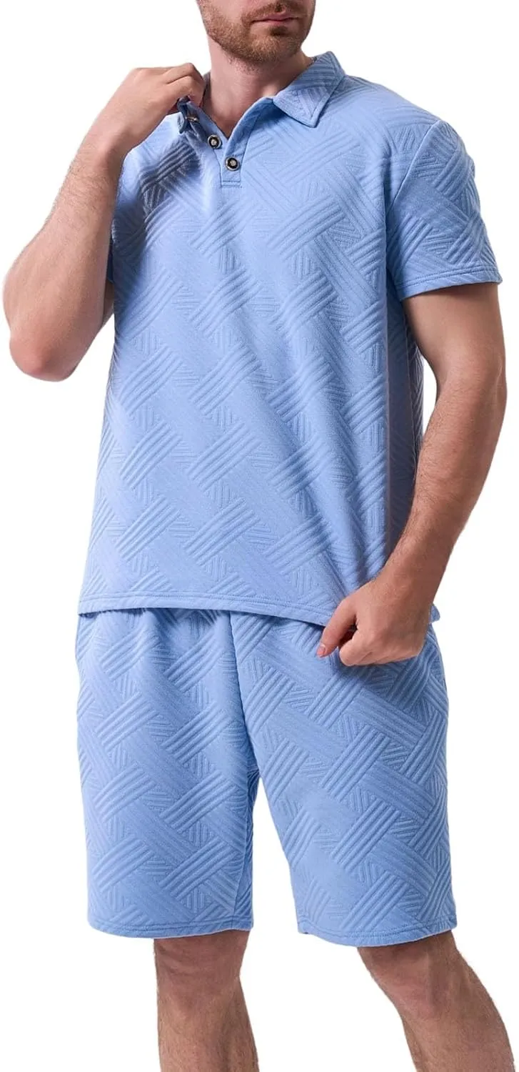 Men Summer Casual Short Sets Solid Color Short Sleeve Pocket Button Down Shirt Elastic Shorts 2 Piece Outfits Tracksuit