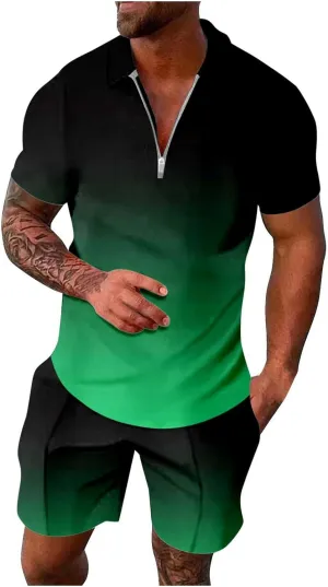 Men Two Piece Outfits Set for Men Printed Short Sleeve Polo Shirts Shorts Set Men S Short Set Outfit