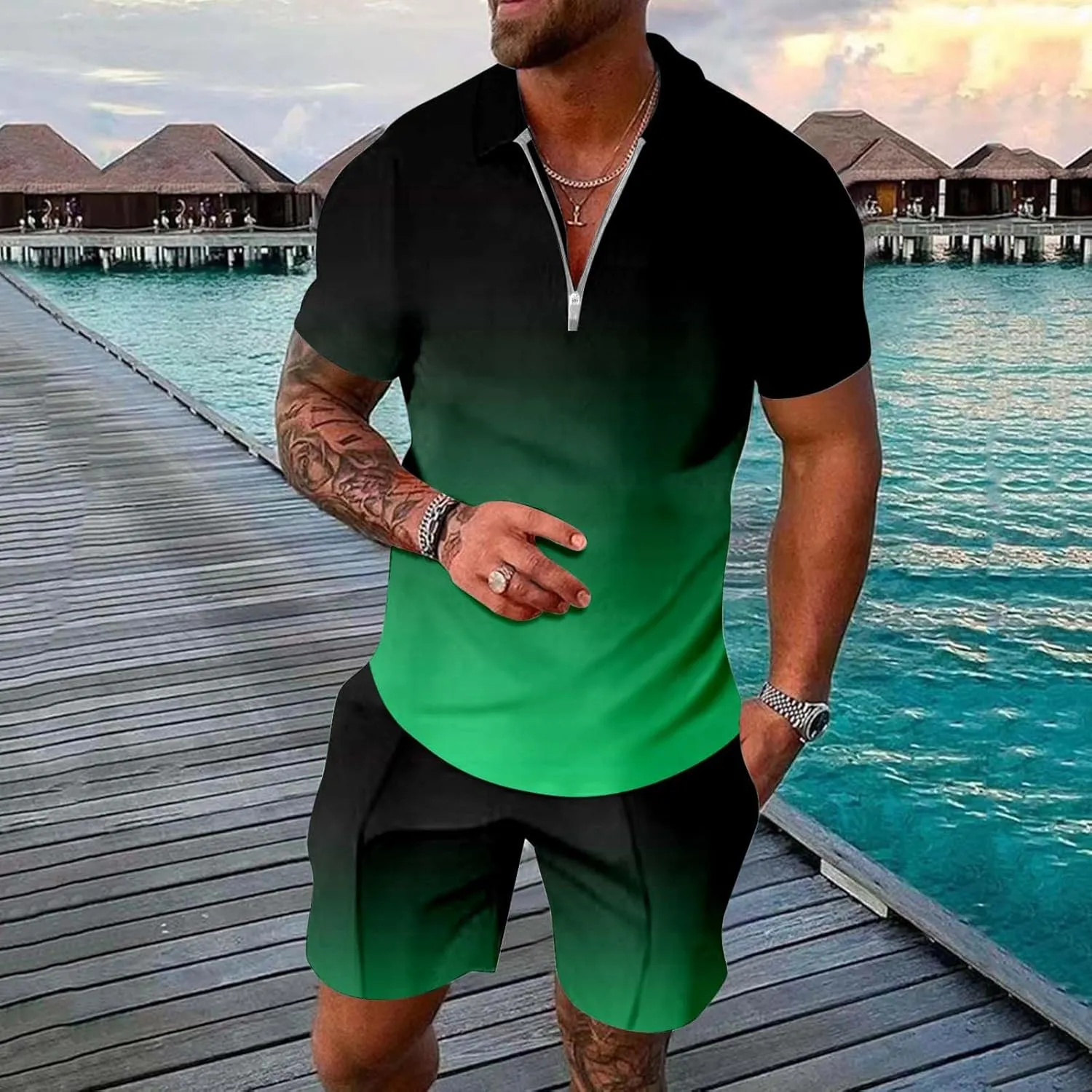 Men Two Piece Outfits Set for Men Printed Short Sleeve Polo Shirts Shorts Set Men S Short Set Outfit