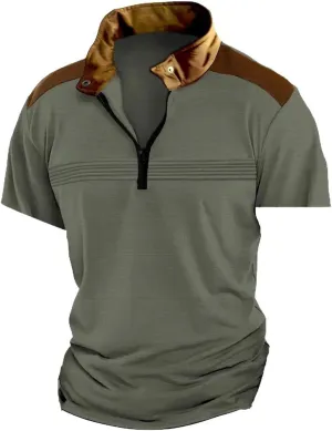 Men Waffle Polo Shirt Patchwork Short Sleeve Band Collar Casual Breathable Tops Golf Tennis Work Shirts Summer Outfit