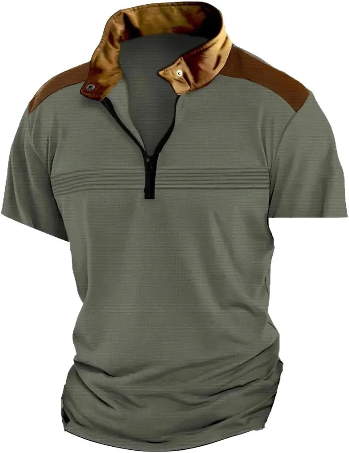 Men Waffle Polo Shirt Patchwork Short Sleeve Band Collar Casual Breathable Tops Golf Tennis Work Shirts Summer Outfit