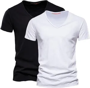 Mens 2 PC V-Neck T-Shirts Soft Cotton Moisture Wicking Short Sleeve Tops Workout Casual Slim Fit Muscle Sports Shirts