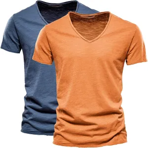 Mens 2 PC V-Neck T-Shirts Soft Cotton Moisture Wicking Short Sleeve Tops Workout Casual Slim Fit Muscle Sports Shirts