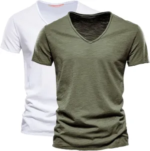Mens 2 PC V-Neck T-Shirts Soft Cotton Moisture Wicking Short Sleeve Tops Workout Casual Slim Fit Muscle Sports Shirts
