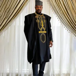 Men’s African Traditional 3PC Embroidered Set – Black & Red Bazin Shirt, Pants, and Robe