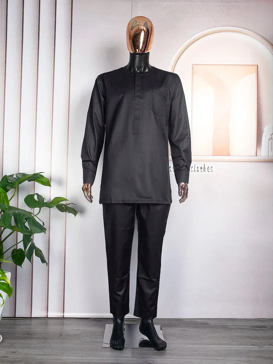 Men’s African Traditional 3PC Embroidered Set – Black & Red Bazin Shirt, Pants, and Robe