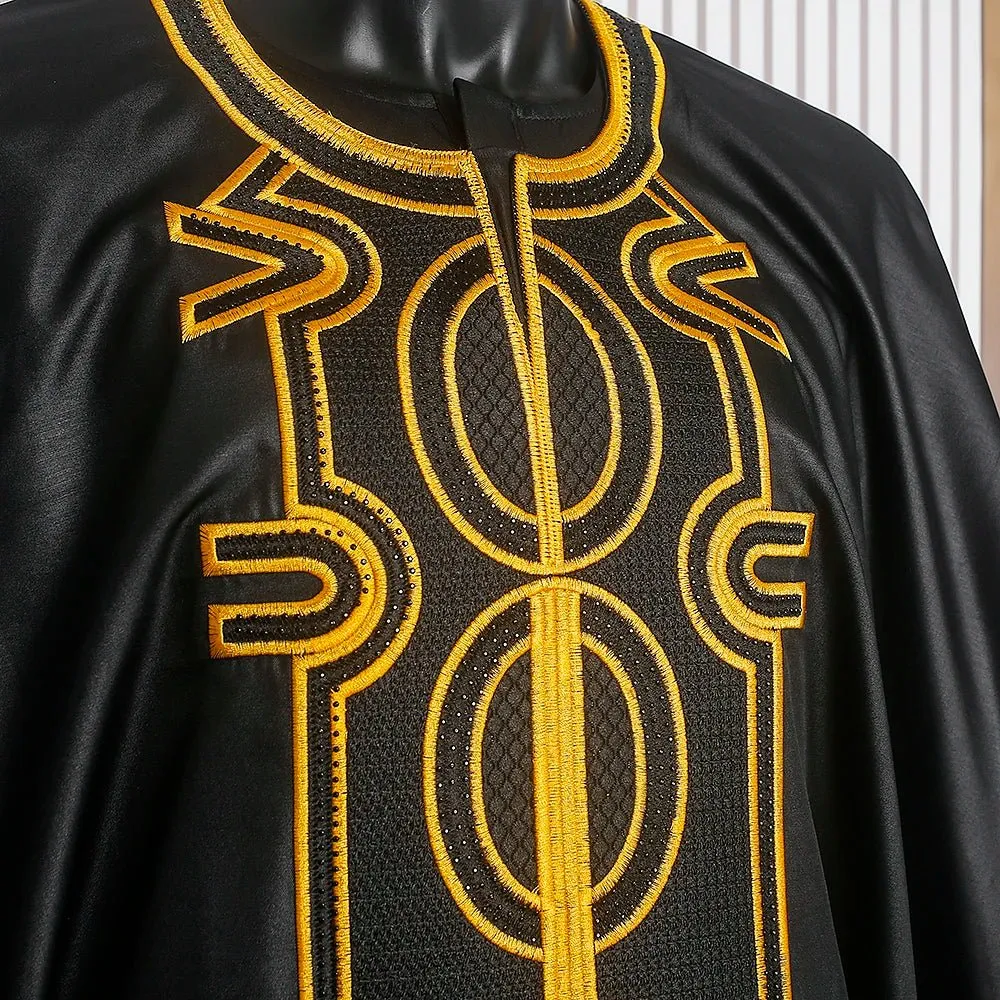 Men’s African Traditional 3PC Embroidered Set – Black & Red Bazin Shirt, Pants, and Robe