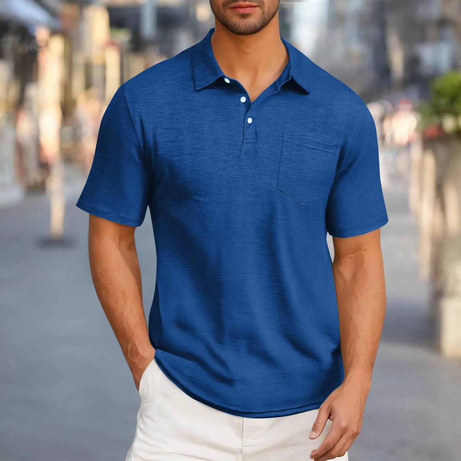 Men's Athletic Cotton Tops Short Sleeve Button Golf Polo Shirts Casual Moisture Wicking Collared T Shirts with Pocket