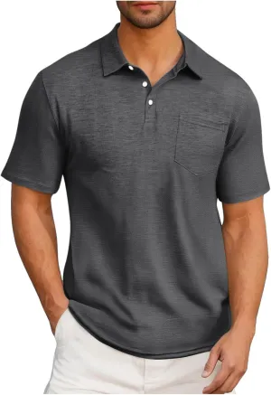 Men's Athletic Cotton Tops Short Sleeve Button Golf Polo Shirts Casual Moisture Wicking Collared T Shirts with Pocket