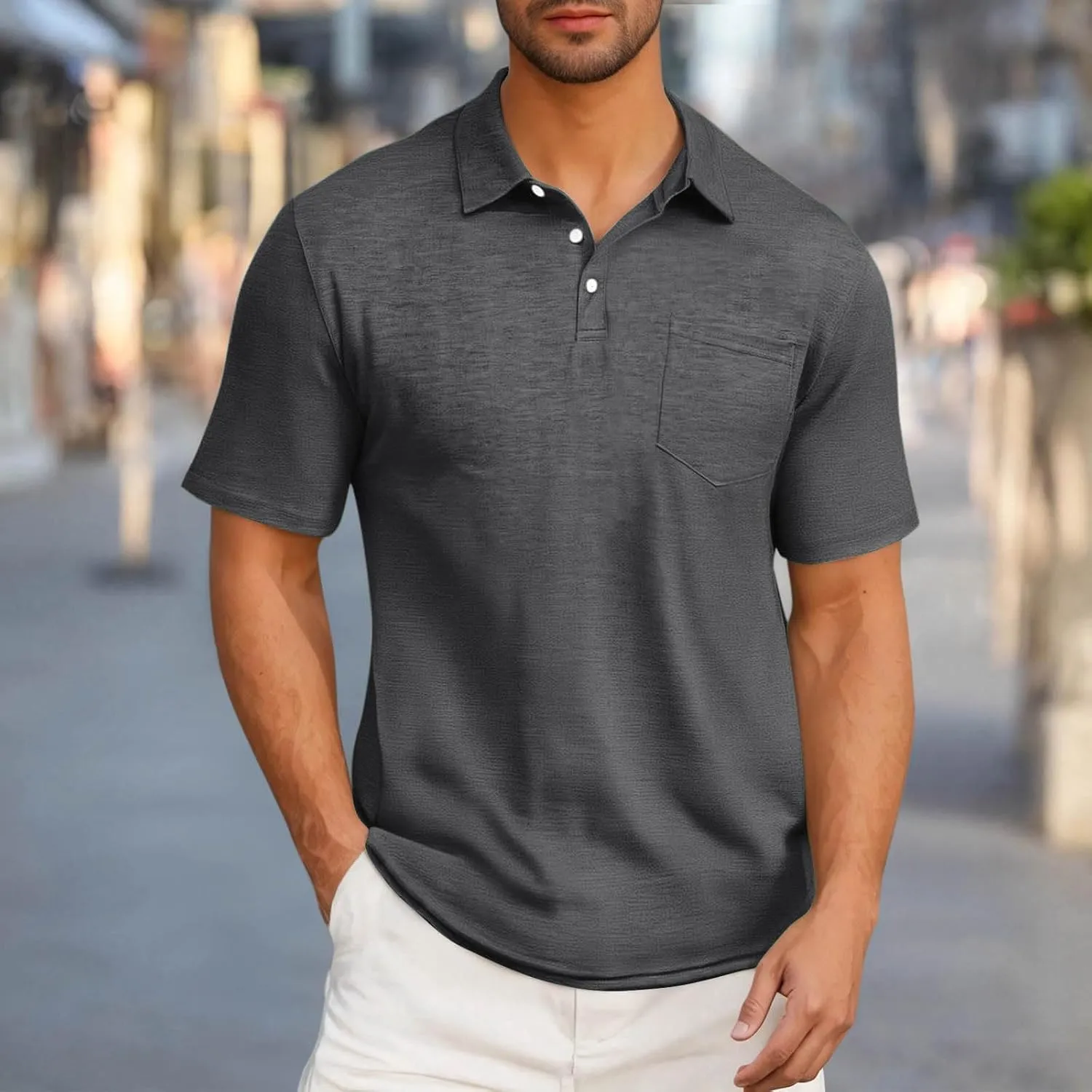 Men's Athletic Cotton Tops Short Sleeve Button Golf Polo Shirts Casual Moisture Wicking Collared T Shirts with Pocket