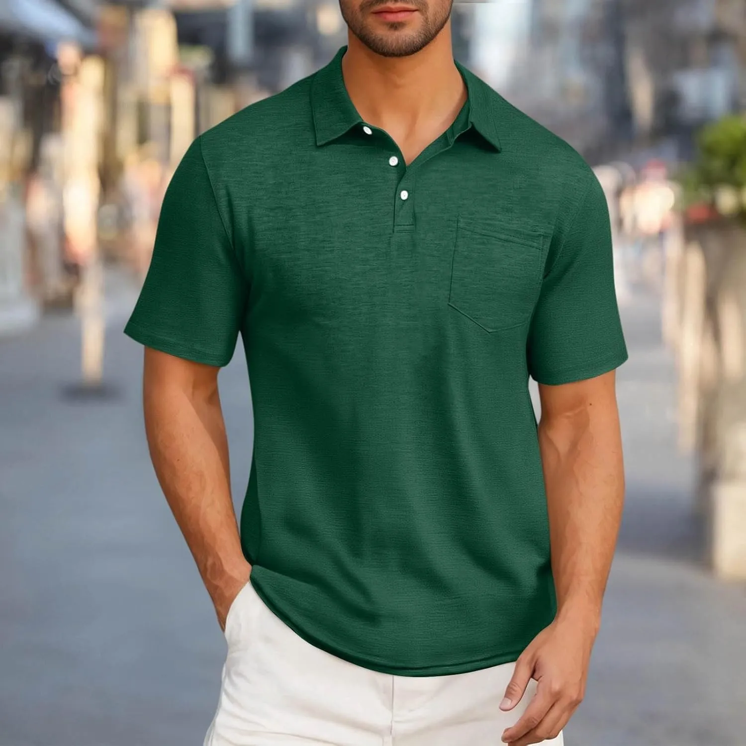 Men's Athletic Cotton Tops Short Sleeve Button Golf Polo Shirts Casual Moisture Wicking Collared T Shirts with Pocket