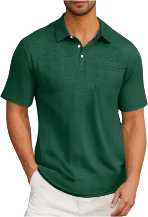 Men's Athletic Cotton Tops Short Sleeve Button Golf Polo Shirts Casual Moisture Wicking Collared T Shirts with Pocket