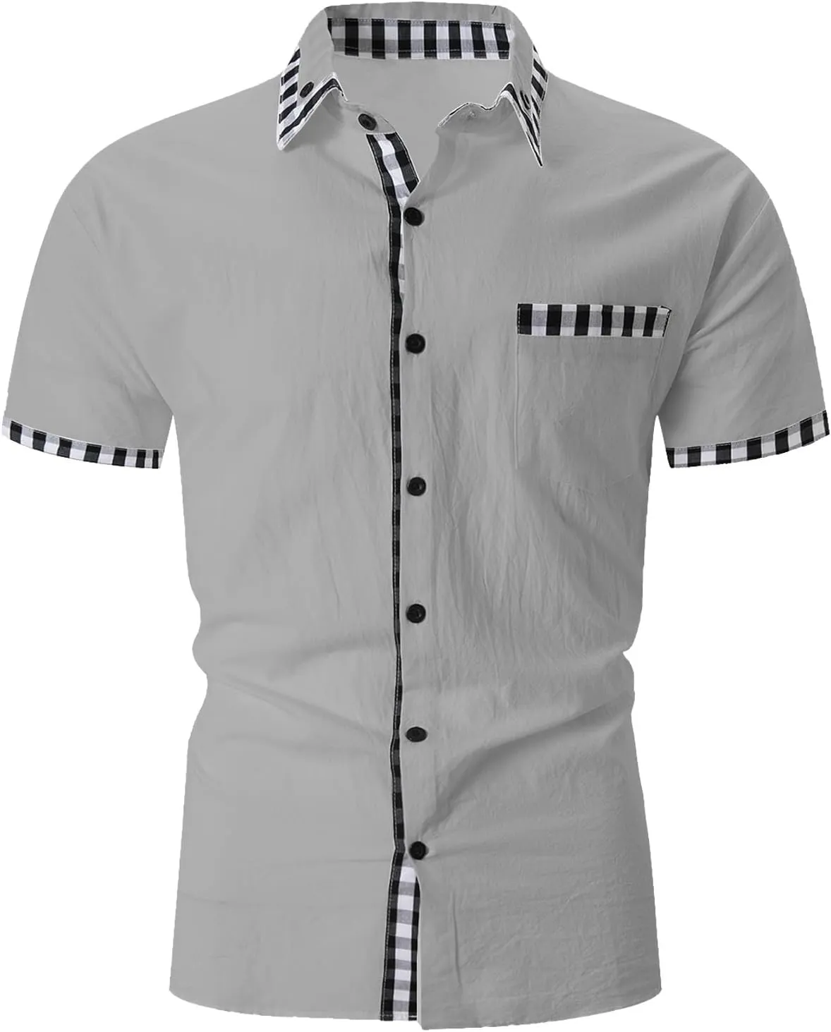 Men's Beach Casual Shirts Fashion Patchwork Button Down Slim Fit Muscle Shirts Lapel Short Sleeved Shirt with Pocket