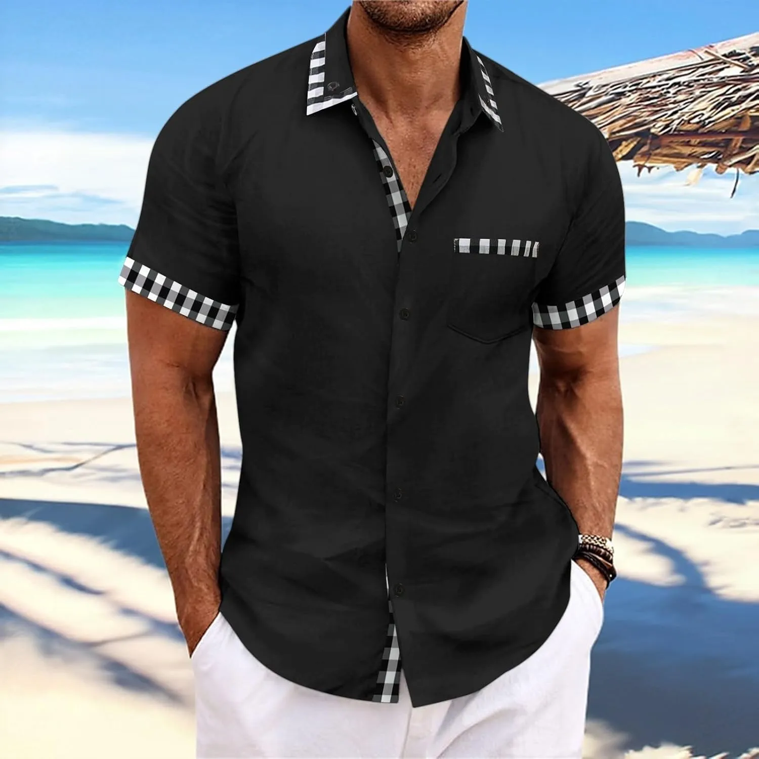 Men's Beach Casual Shirts Fashion Patchwork Button Down Slim Fit Muscle Shirts Lapel Short Sleeved Shirt with Pocket