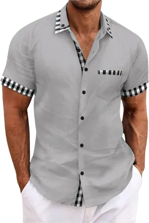 Men's Beach Casual Shirts Fashion Patchwork Button Down Slim Fit Muscle Shirts Lapel Short Sleeved Shirt with Pocket