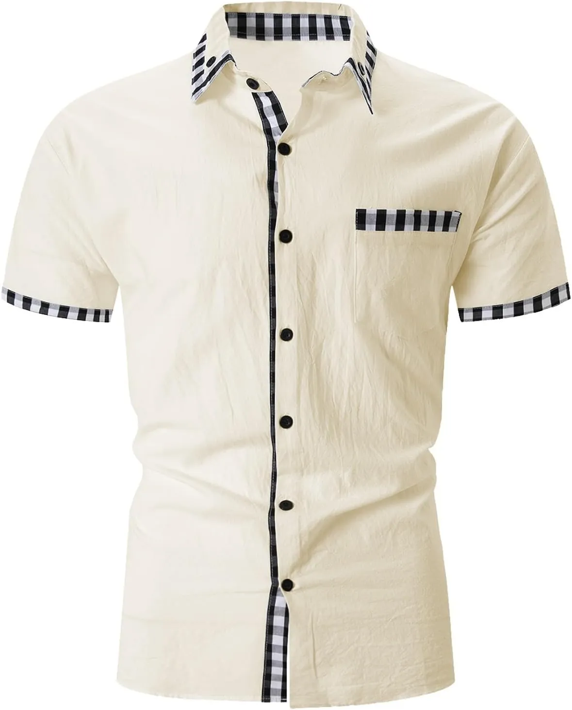 Men's Beach Casual Shirts Fashion Patchwork Button Down Slim Fit Muscle Shirts Lapel Short Sleeved Shirt with Pocket