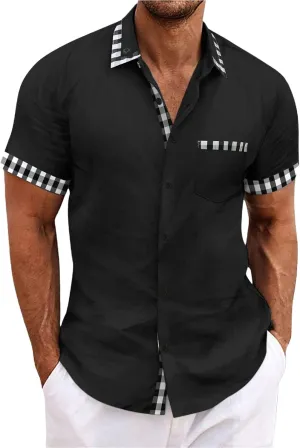 Men's Beach Casual Shirts Fashion Patchwork Button Down Slim Fit Muscle Shirts Lapel Short Sleeved Shirt with Pocket