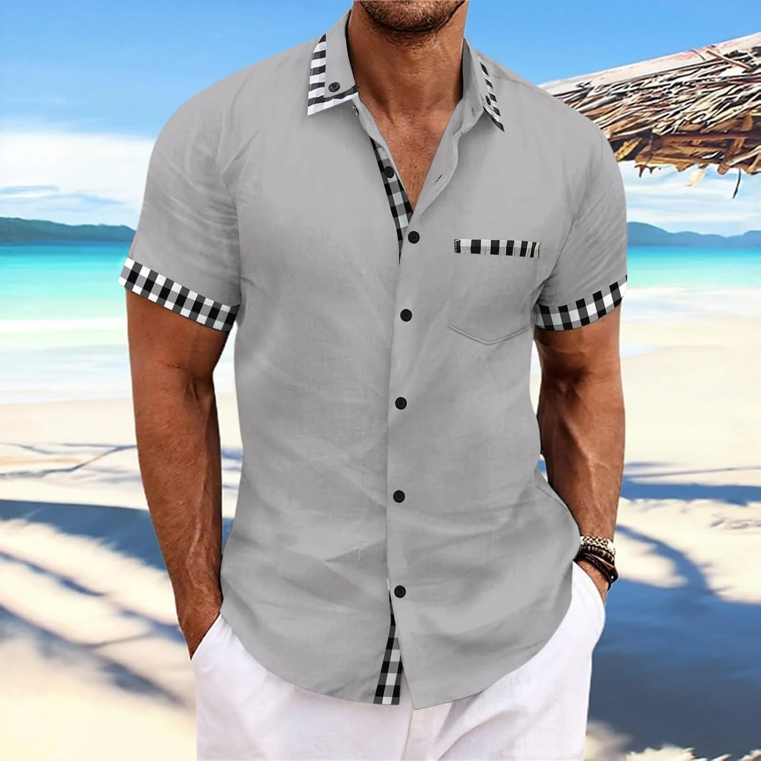 Men's Beach Casual Shirts Fashion Patchwork Button Down Slim Fit Muscle Shirts Lapel Short Sleeved Shirt with Pocket