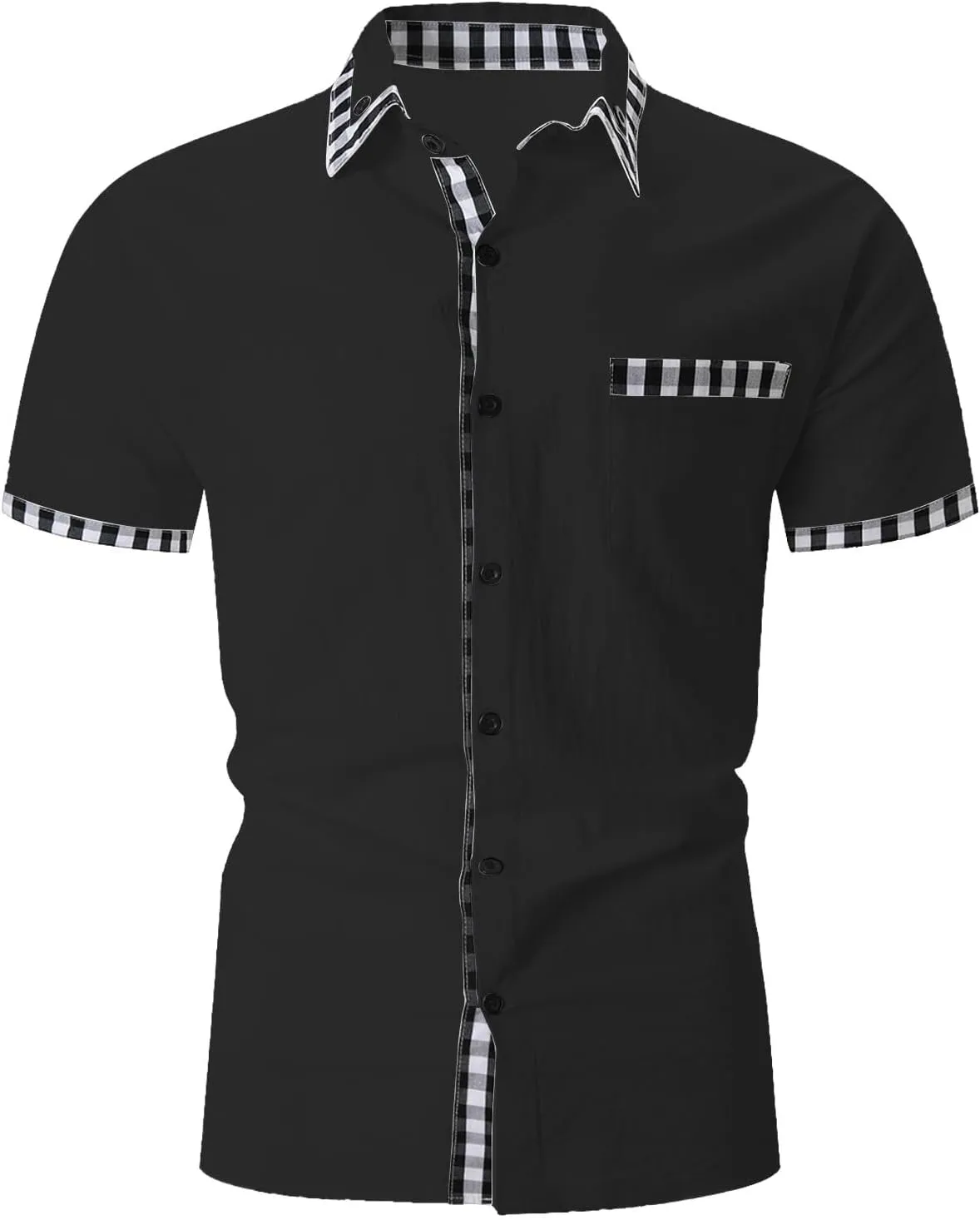 Men's Beach Casual Shirts Fashion Patchwork Button Down Slim Fit Muscle Shirts Lapel Short Sleeved Shirt with Pocket