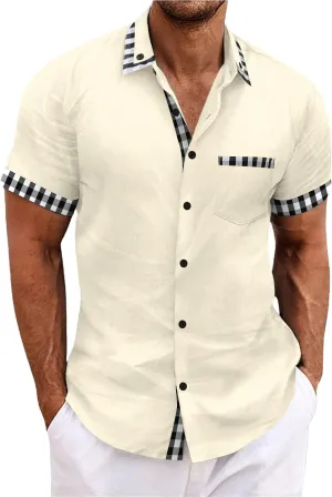 Men's Beach Casual Shirts Fashion Patchwork Button Down Slim Fit Muscle Shirts Lapel Short Sleeved Shirt with Pocket