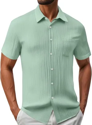 Mens Casual Button Down Shirts Short Sleeve Textured Summer Beach Shirt with Pocket Fashion Business Office Work Tops