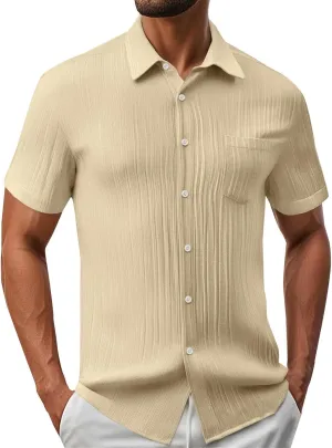 Mens Casual Button Down Shirts Short Sleeve Textured Summer Beach Shirt with Pocket Fashion Business Office Work Tops