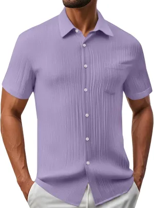Mens Casual Button Down Shirts Short Sleeve Textured Summer Beach Shirt with Pocket Fashion Business Office Work Tops